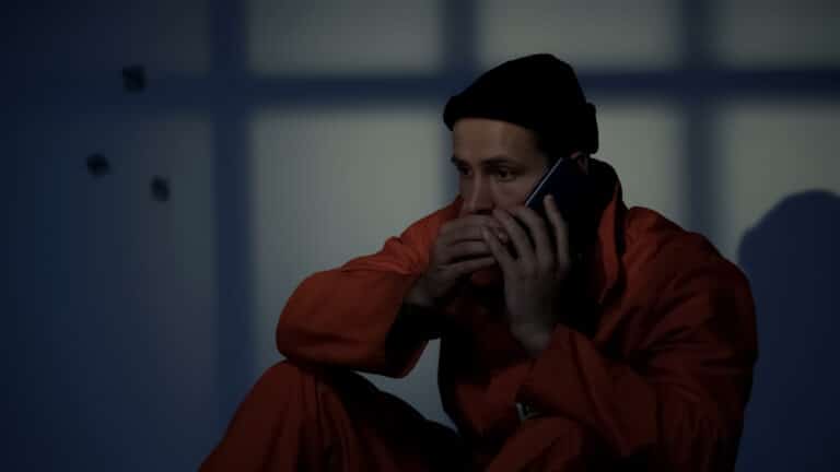 Prisoner using mobile phone in cell
