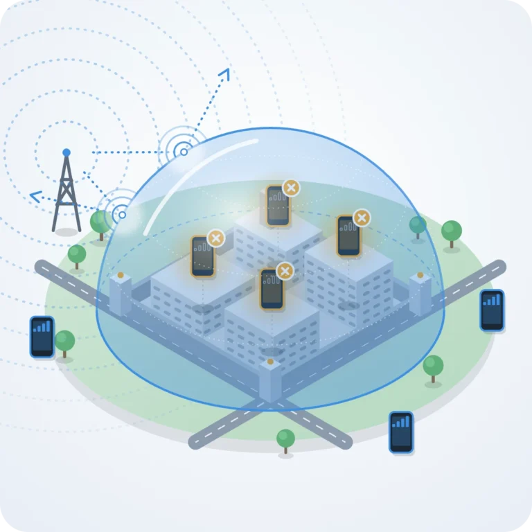 Illustration of the Halo cell phone denial system: phones inside the shielded facility are blocked while phones outside keep their signal