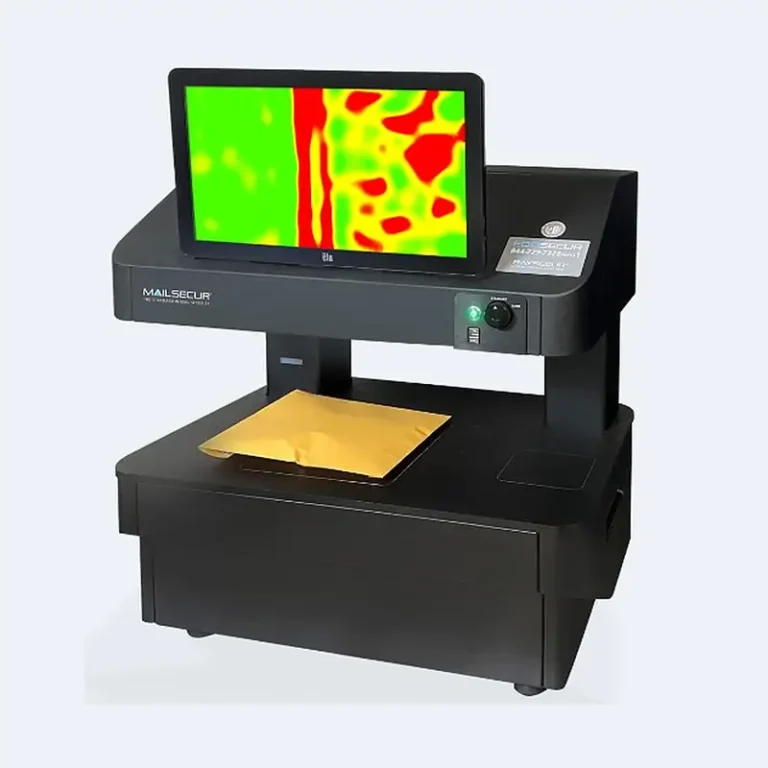 MailSecur desktop mail screening unit showing drug-treated paper as coloured patches on screen